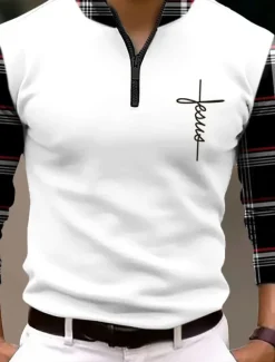 Best OUKU Men's Plaid Faith Zip Polo Golf Polos Shirts Long Sleeve Polo Shirts Zip Vintage Outdoor Casual Daily Streetwear 3D Print Fall & Winter Black White Wine