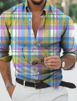 Discount OUKU Men's Plaid Geometric Pattern Shirt Button Up Shirt Long Sleeve Sports Fashion Streetwear Outdoor Casual Daily Fall & Winter Turndown Print Button-Down Yellow Pink Blue Green