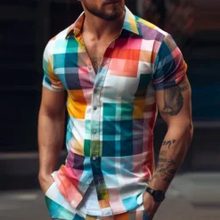 Clearance OUKU Men's Plaid Geometric Pattern Shirt Button Up Shirt Short Sleeve Fashion Streetwear Designer Outdoor Street Daily Summer Spring Turndown Print Yellow Light Green Blue Green