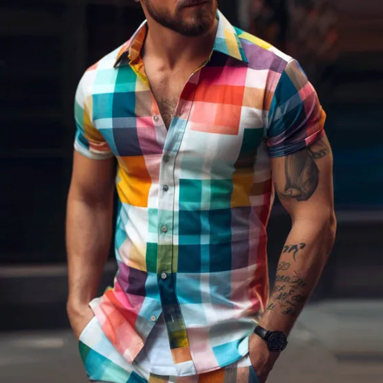 Clearance OUKU Men's Plaid Geometric Pattern Shirt Button Up Shirt Short Sleeve Fashion Streetwear Designer Outdoor Street Daily Summer Spring Turndown Print Yellow Light Green Blue Green
