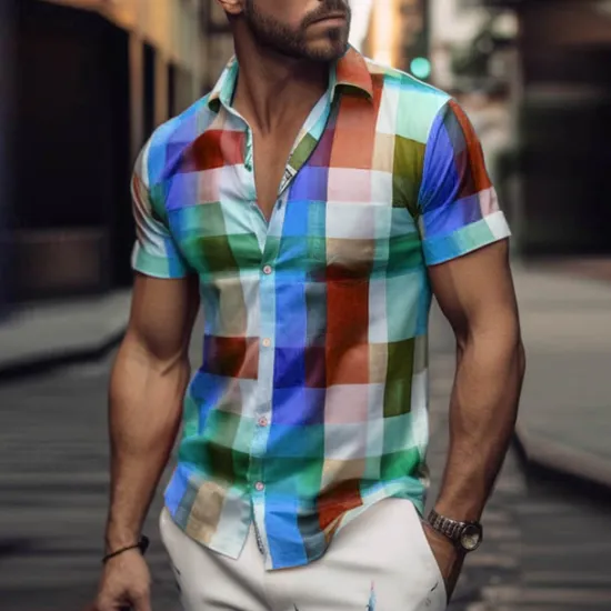 Clearance OUKU Men's Plaid Geometric Pattern Shirt Button Up Shirt Short Sleeve Fashion Streetwear Designer Outdoor Street Daily Summer Spring Turndown Print Yellow Light Green Blue Green
