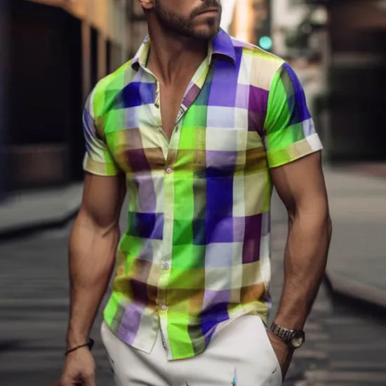 Clearance OUKU Men's Plaid Geometric Pattern Shirt Button Up Shirt Short Sleeve Fashion Streetwear Designer Outdoor Street Daily Summer Spring Turndown Print Yellow Light Green Blue Green