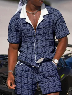 New OUKU Men's Plaid Geometric Pattern 2pcs Shirts Sets Summer Hawaiian Shirt Short Sleeve Short Pants Cuban Collar Fashion Streetwear Designer Outdoor Daily Going out Print Summer Spring Navy Blue Blue Sky