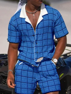 New OUKU Men's Plaid Geometric Pattern 2pcs Shirts Sets Summer Hawaiian Shirt Short Sleeve Short Pants Cuban Collar Fashion Streetwear Designer Outdoor Daily Going out Print Summer Spring Navy Blue Blue Sky