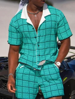 New OUKU Men's Plaid Geometric Pattern 2pcs Shirts Sets Summer Hawaiian Shirt Short Sleeve Short Pants Cuban Collar Fashion Streetwear Designer Outdoor Daily Going out Print Summer Spring Navy Blue Blue Sky