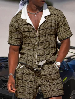 New OUKU Men's Plaid Geometric Pattern 2pcs Shirts Sets Summer Hawaiian Shirt Short Sleeve Short Pants Cuban Collar Fashion Streetwear Designer Outdoor Daily Going out Print Summer Spring Navy Blue Blue Sky