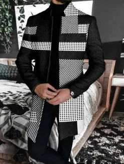 Hot OUKU Men's Plaid Geometry Winter Coat Overcoat Coat Warm Breathable Comfortable Business Casual Work Wear to work Going out Pocket Print Fall & Winter Stand Collar Long Sleeve Black White Gray