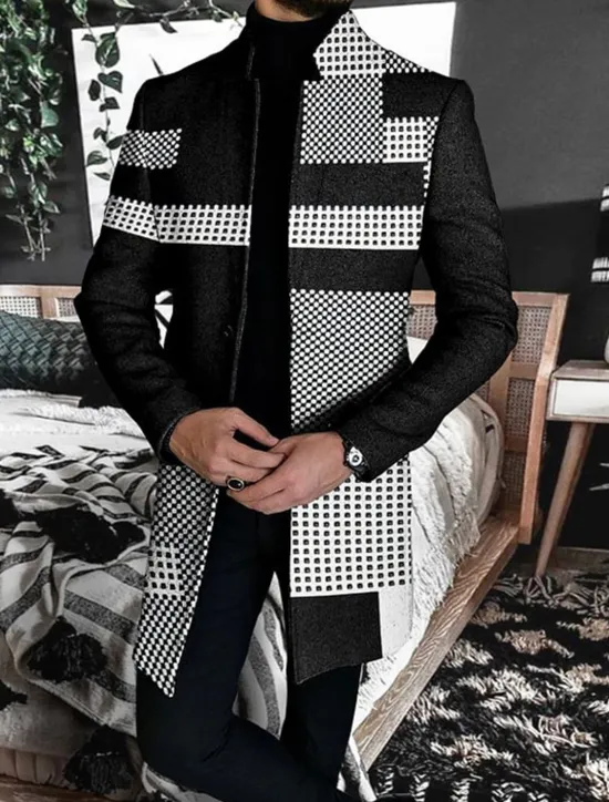 Hot OUKU Men's Plaid Geometry Winter Coat Overcoat Coat Warm Breathable Comfortable Business Casual Work Wear to work Going out Pocket Print Fall & Winter Stand Collar Long Sleeve Black White Gray