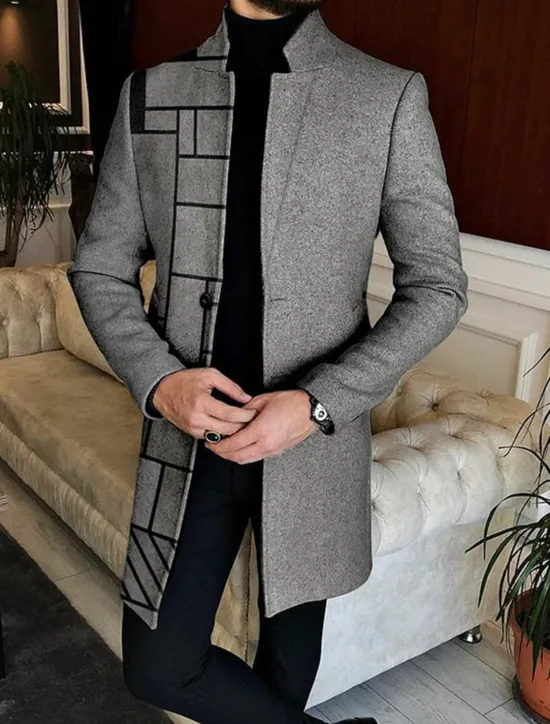 Hot OUKU Men's Plaid Geometry Winter Coat Overcoat Coat Warm Breathable Comfortable Business Casual Work Wear to work Going out Pocket Print Fall & Winter Stand Collar Long Sleeve Black White Gray
