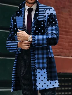 Outlet OUKU Men's Plaid Geometry Winter Coat Overcoat Coat Warm Breathable Comfortable Business Work Wear to work Going out Pocket Print Fall & Winter Turndown Long Sleeve Black Blue Purple