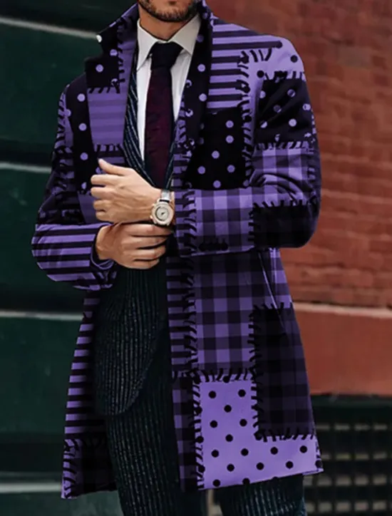 Outlet OUKU Men's Plaid Geometry Winter Coat Overcoat Coat Warm Breathable Comfortable Business Work Wear to work Going out Pocket Print Fall & Winter Turndown Long Sleeve Black Blue Purple