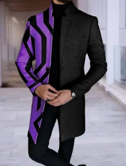 Best OUKU Men's Plaid Geometry Winter Coat Overcoat Coat Warm Breathable Comfortable Fashion Streetwear Business Work Wear to work Going out Pocket Print Fall & Winter Turndown Long Sleeve Blue Purple khaki
