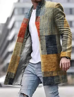 New OUKU Men's Plaid Geometry Winter Coat Overcoat Coat Warm Breathable Comfortable Business Casual Work Wear to work Going out Pocket Print Fall & Winter Stand Collar Long Sleeve Yellow Blue