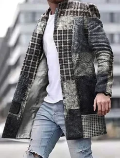 New OUKU Men's Plaid Geometry Winter Coat Overcoat Coat Warm Breathable Comfortable Business Casual Work Wear to work Going out Pocket Print Fall & Winter Stand Collar Long Sleeve Yellow Blue