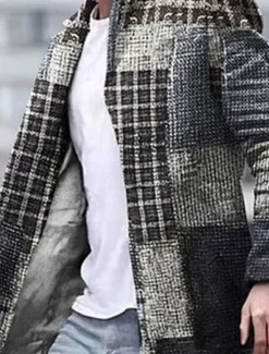 New OUKU Men's Plaid Geometry Winter Coat Overcoat Coat Warm Breathable Comfortable Business Casual Work Wear to work Going out Pocket Print Fall & Winter Stand Collar Long Sleeve Yellow Blue