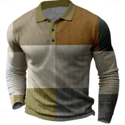 New OUKU Men's Plaid Golf Shirt Long Sleeve Polo Shirts Collared Shirts Vintage Casual Vacation Wear Formal Wear Festival Wear Buttons 3D Print Spring Fall Winter Dark Brown Black White