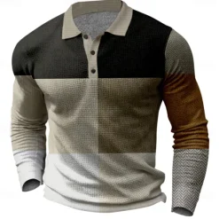 New OUKU Men's Plaid Golf Shirt Long Sleeve Polo Shirts Collared Shirts Vintage Casual Vacation Wear Formal Wear Festival Wear Buttons 3D Print Spring Fall Winter Dark Brown Black White