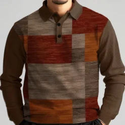 New OUKU Men's Plaid Golf Shirt Long Sleeve Polo Shirts Collared Shirts Vintage Casual Vacation Wear Formal Wear Festival Wear Buttons 3D Print Spring Fall Winter Brown