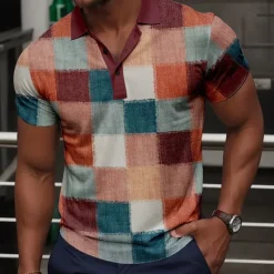 Sale OUKU Men's Plaid Golf Shirt Short Sleeve Polo Shirts Collared Shirts Vintage Casual Vacation Wear Formal Wear Festival Wear Buttons 3D Print Summer Blue Sky Blue Claret-red