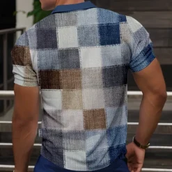 Sale OUKU Men's Plaid Golf Shirt Short Sleeve Polo Shirts Collared Shirts Vintage Casual Vacation Wear Formal Wear Festival Wear Buttons 3D Print Summer Blue Sky Blue Claret-red