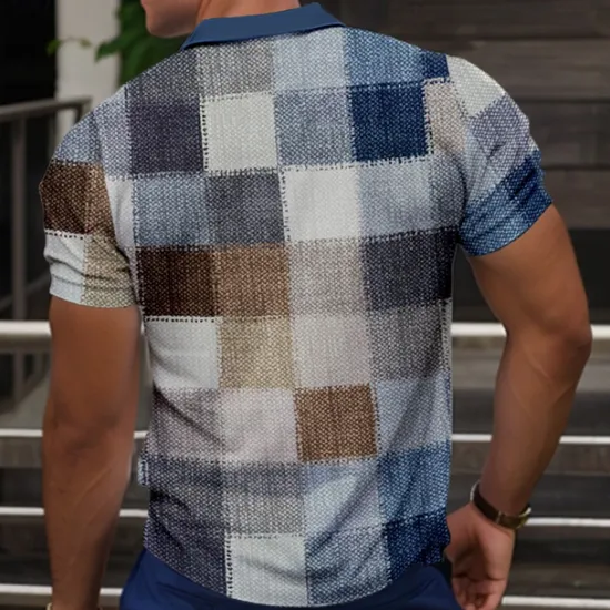 Sale OUKU Men's Plaid Golf Shirt Short Sleeve Polo Shirts Collared Shirts Vintage Casual Vacation Wear Formal Wear Festival Wear Buttons 3D Print Summer Blue Sky Blue Claret-red