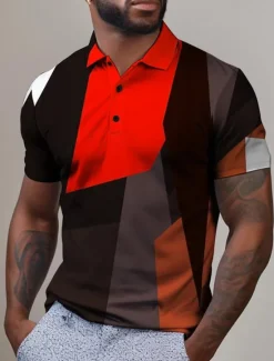 Hot OUKU Men's Plaid Golf Shirt Short Sleeve Polo Shirts Collared Shirts Vintage Casual Vacation Wear Formal Wear Festival Wear Buttons 3D Print Summer Red Blue Purple