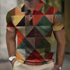 Sale OUKU Men's Plaid Golf Shirt Short Sleeve Polo Shirts Collared Shirts Casual Vacation Wear Formal Wear Festival Wear Buttons 3D Print Summer Spring Yellow