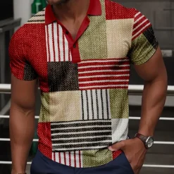 Clearance OUKU Men's Plaid Golf Shirt Short Sleeve Polo Shirts Collared Shirts Vintage Casual Vacation Wear Formal Wear Festival Wear Buttons 3D Print Summer Red Blue Green