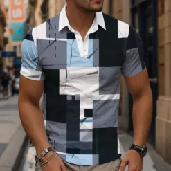 Online OUKU Men's Plaid Golf Shirt Short Sleeve Polo Shirts Collared Shirts Vintage Casual Vacation Wear Formal Wear Festival Wear Buttons 3D Print Summer Blue