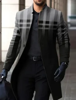 Outlet OUKU Men's Plaid Gradual Winter Coat Overcoat Coat Warm Breathable Comfortable Fashion Streetwear Business Work Wear to work Going out Pocket Print Fall & Winter Turndown Long Sleeve Gray
