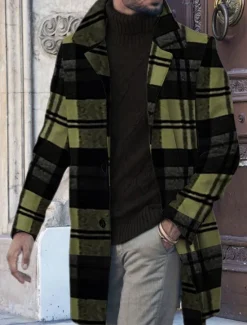 OUKU Men's Plaid Graphic Prints Winter Coat Overcoat Coat Warm Breathable Comfortable Fashion Streetwear Business Work Wear to work Going out Pocket Print Fall & Winter Turndown Long Sleeve Yellow Blue
