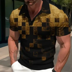 New OUKU Men's Plaid Graphic Prints Geometry Polo Shirt Golf Shirt Short Sleeves Shirt Cuban Collar Outdoor Street Yellow Red Blue Sky Blue Purple Print Clothing Apparel Fashion Designer Casual Breathable