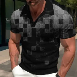New OUKU Men's Plaid Graphic Prints Geometry Polo Shirt Golf Shirt Short Sleeves Shirt Cuban Collar Outdoor Street Yellow Red Blue Sky Blue Purple Print Clothing Apparel Fashion Designer Casual Breathable