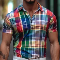 Online OUKU Men's Plaid Polo Shirts Golf Shirt Short Sleeve Polo Shirts Collared Shirts Casual Vacation Wear Formal Wear Festival Wear Buttons 3D Print Yellow Red Green