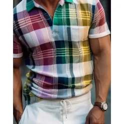 Online OUKU Men's Plaid Polo Shirts Golf Shirt Short Sleeve Polo Shirts Collared Shirts Casual Vacation Wear Formal Wear Festival Wear Buttons 3D Print Yellow Red Green