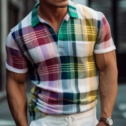 Online OUKU Men's Plaid Polo Shirts Golf Shirt Short Sleeve Polo Shirts Collared Shirts Casual Vacation Wear Formal Wear Festival Wear Buttons 3D Print Yellow Red Green
