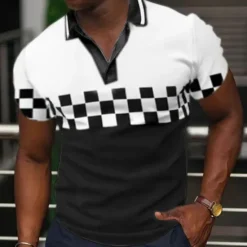New OUKU Men's Plaid Polo Shirts Golf Shirt Short Sleeve Polo Shirts V Neck Casual Vacation Wear Formal Wear Festival Wear 3D Print Black Yellow Blue