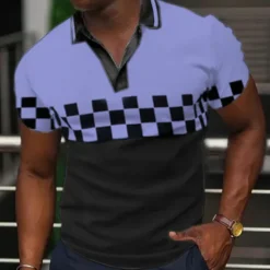 New OUKU Men's Plaid Polo Shirts Golf Shirt Short Sleeve Polo Shirts V Neck Casual Vacation Wear Formal Wear Festival Wear 3D Print Black Yellow Blue