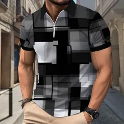 OUKU Men's Plaid Polo Shirts Zip Polo Short Sleeve Polo Shirts Collar Casual Formal Vacation Dailywear 3D Print Summer Spring Black Yellow Red