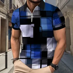 OUKU Men's Plaid Polo Shirts Zip Polo Short Sleeve Polo Shirts Collar Casual Formal Vacation Dailywear 3D Print Summer Spring Black Yellow Red