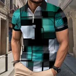 OUKU Men's Plaid Polo Shirts Zip Polo Short Sleeve Polo Shirts Collar Casual Formal Vacation Dailywear 3D Print Summer Spring Black Yellow Red