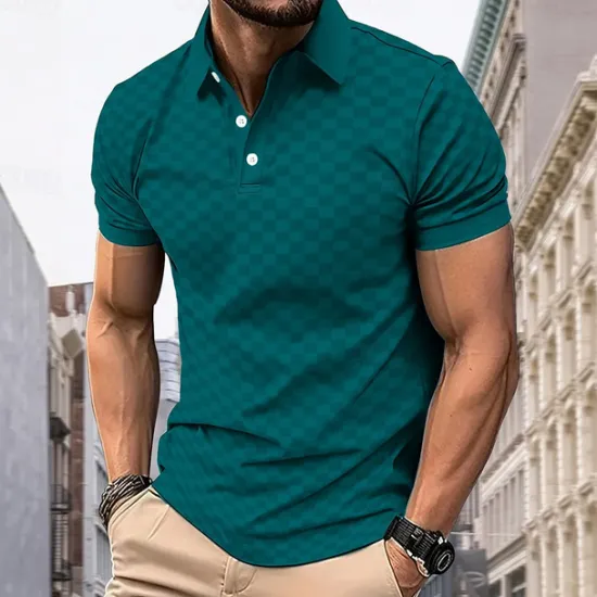 Sale OUKU Men's Plaid Polo Short Sleeve Polo Shirts Collared Shirts Business Casual School Outdoor Daily Wear 3D Print Summer Blue Dark Green Purple