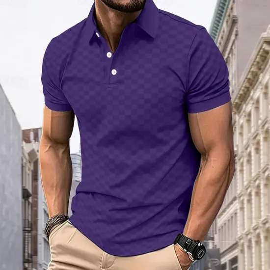 Sale OUKU Men's Plaid Polo Short Sleeve Polo Shirts Collared Shirts Business Casual School Outdoor Daily Wear 3D Print Summer Blue Dark Green Purple
