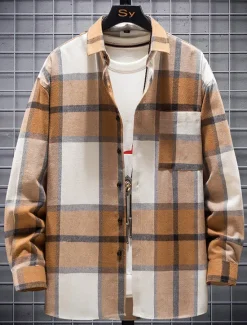 Sale OUKU Men's Plaid Shirt Button Up Shirt Overshirt Plaid Outdoor Daily Yellow Red Blue Green Long Sleeve Lapel Spring & Fall Clothing Apparel Pocket