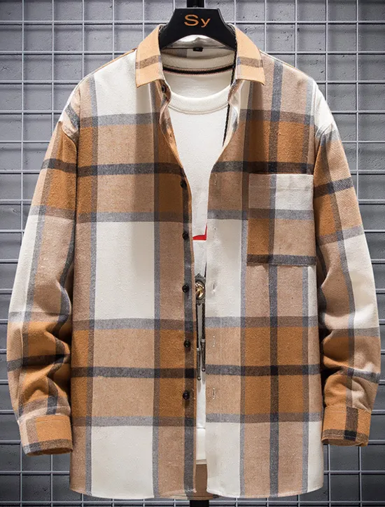 Sale OUKU Men's Plaid Shirt Button Up Shirt Overshirt Plaid Outdoor Daily Yellow Red Blue Green Long Sleeve Lapel Spring & Fall Clothing Apparel Pocket