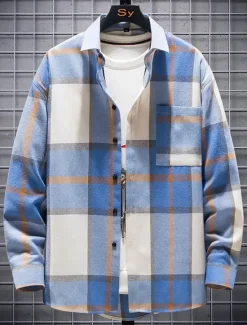 Sale OUKU Men's Plaid Shirt Button Up Shirt Overshirt Plaid Outdoor Daily Yellow Red Blue Green Long Sleeve Lapel Spring & Fall Clothing Apparel Pocket