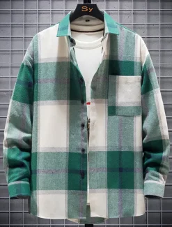 Sale OUKU Men's Plaid Shirt Button Up Shirt Overshirt Plaid Outdoor Daily Yellow Red Blue Green Long Sleeve Lapel Spring & Fall Clothing Apparel Pocket
