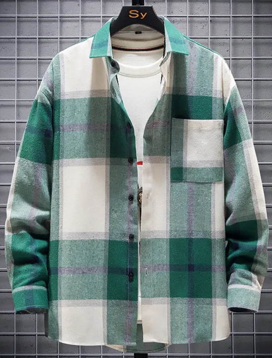 Sale OUKU Men's Plaid Shirt Button Up Shirt Overshirt Plaid Outdoor Daily Yellow Red Blue Green Long Sleeve Lapel Spring & Fall Clothing Apparel Pocket