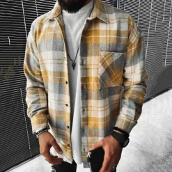 Outlet OUKU Men's Plaid Shirt Flannel Shirt Plaid Shirt Overshirt Long Sleeve Shirt Collar Outdoor Street Light Yellow Red Blue Green Print Button-Down Clothing Apparel Fashion Designer Casual Comfortable