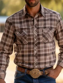 Best OUKU Men's Plaid Shirt Western Shirt Cowboy Shirt Long Sleeve Vintage Western Style Daily Wear Going out Weekend Fall & Winter Turndown Pocket Print Button-Down Black Burgundy Khaki Gray